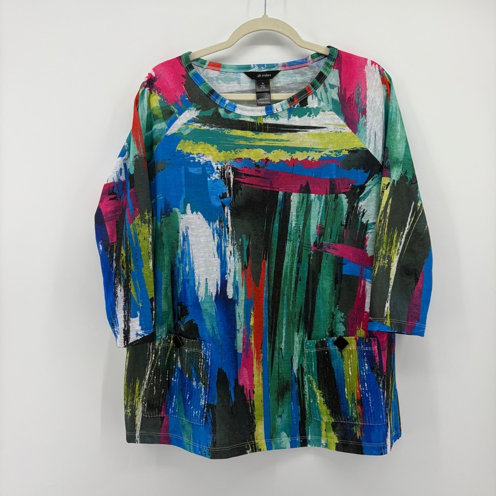 Ali Miles Womens Medium‎ Multicolor Tunic Top Abstract Sequin Pocket 3/4 Sleeve